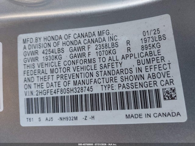 2HGFE4F80SH328745 Honda Civic Hybrid Sport/sport Touring