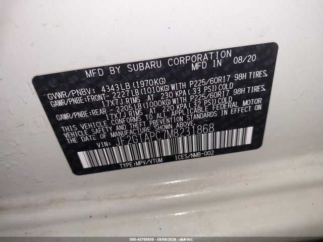 Aukcja sprzedaży 2021 Subaru Crosstrek Premium, vin: JF2GTAPC7M8231868, numer aukcji: 45768809