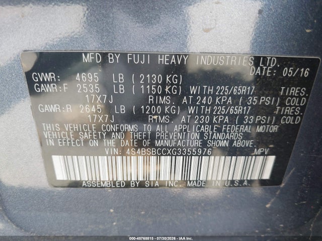 Subaru Outback 2.5i Premium 2016 4S4BSBCCXG3355976 Image 9