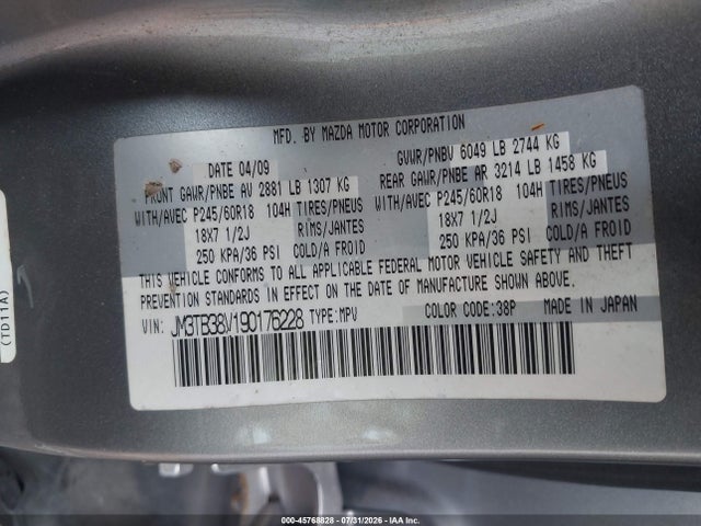 Продаж на аукціоні авто 2009 Mazda Cx-9 Sport, vin: JM3TB38V190176228, номер лоту: 45768828