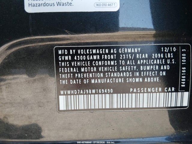 2011 Volkswagen Gti 4-door Autobahn მანქანა იყიდება აუქციონზე, vin: WVWHD7AJ9BW169490, აუქციონის ნომერი: 45768840