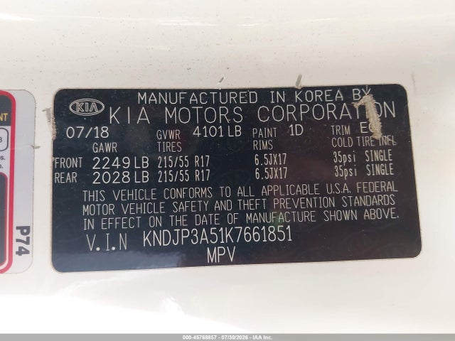 45768857 :رقم المزاد ، KNDJP3A51K7661851 vin ، 2019 Kia Soul + مزاد بيع