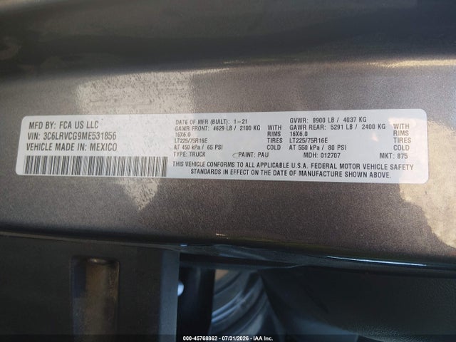 Продаж на аукціоні авто 2021 Ram Promaster 2500 High Roof 136 Wb, vin: 3C6LRVCG9ME531856, номер лоту: 45768862