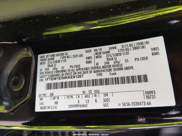 Auction sale of the 2019 Ford F-150 Lariat, vin: 1FTEW1E50KKE91207, lot number: 45768875