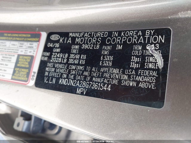 2016 Kia Soul მანქანა იყიდება აუქციონზე, vin: KNDJN2A28G7361544, აუქციონის ნომერი: 45768877