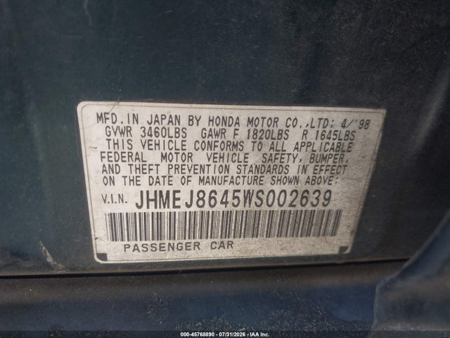 Aukcja sprzedaży 1998 Honda Civic Ex, vin: JHMEJ8645WS002639, numer aukcji: 45768890