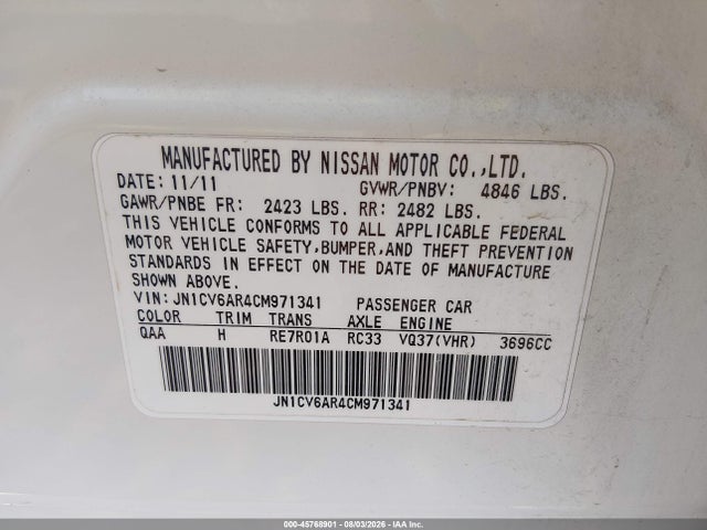 Продажа на аукционе авто 2012 Infiniti G37x, vin: JN1CV6AR4CM971341, номер лота: 45768901
