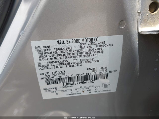 Продажа на аукционе авто 2009 Lincoln Mks, vin: 1LNHM93RX9G619307, номер лота: 45768909