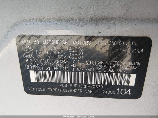 2024 Mitsubishi Mirage G4 Black Edition/es/le მანქანა იყიდება აუქციონზე, vin: ML32FUFJ2RHF20333, აუქციონის ნომერი: 45768914