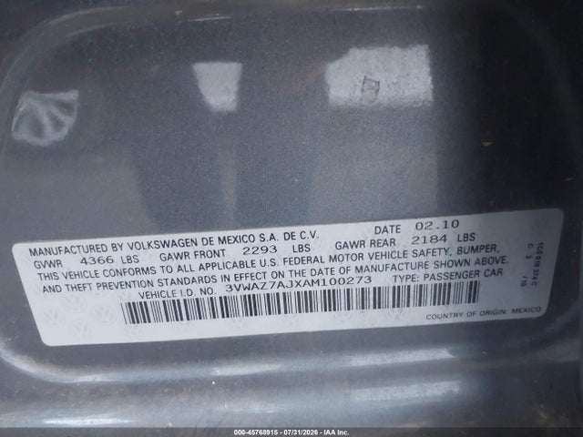 Продаж на аукціоні авто 2010 Volkswagen Jetta Limited Edition, vin: 3VWAZ7AJXAM100273, номер лоту: 45768915