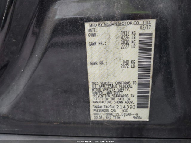 Auction sale of the 2017 Nissan Altima 2.5 Sv, vin: 1N4AL3AP5HC214393, lot number: 45768918