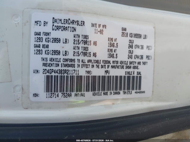 Aukcja sprzedaży 2003 Dodge Grand Caravan Sport, vin: 2D4GP44383R211711, numer aukcji: 45768926