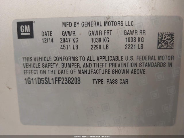 Продажа на аукционе авто 2015 Chevrolet Malibu 2lt, vin: 1G11D5SL1FF238208, номер лота: 45768951
