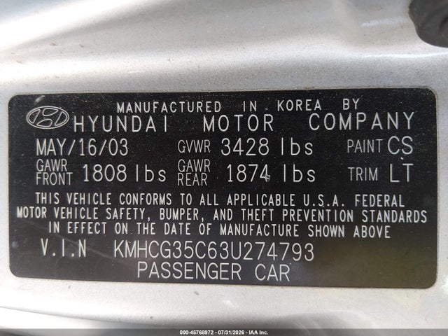 Продажа на аукционе авто 2003 Hyundai Accent Gl, vin: KMHCG35C63U274793, номер лота: 45768972
