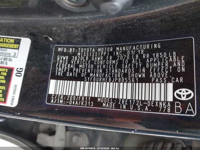 2018 Toyota Corolla Le მანქანა იყიდება აუქციონზე, vin: 5YFBURHE8JP805561, აუქციონის ნომერი: 45768978