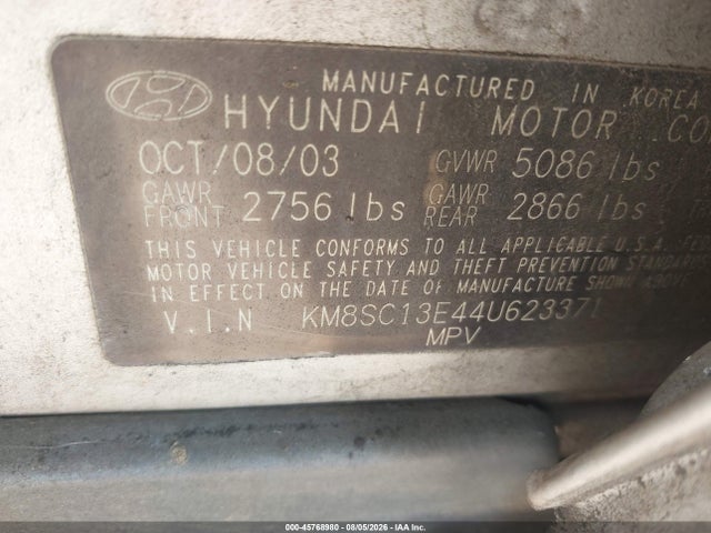 Продаж на аукціоні авто 2004 Hyundai Santa Fe Gls/lx, vin: KM8SC13E44U623371, номер лоту: 45768980