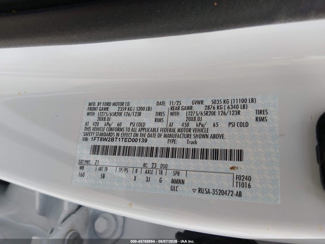 2026 Ford F-250 Lariat მანქანა იყიდება აუქციონზე, vin: 1FT8W2BT1TED00139, აუქციონის ნომერი: 45768994