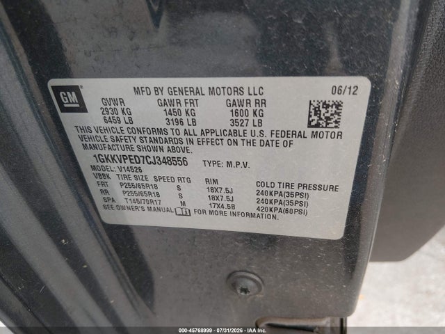 45768999 :رقم المزاد ، 1GKKVPED7CJ348556 vin ، 2012 Gmc Acadia Sle مزاد بيع