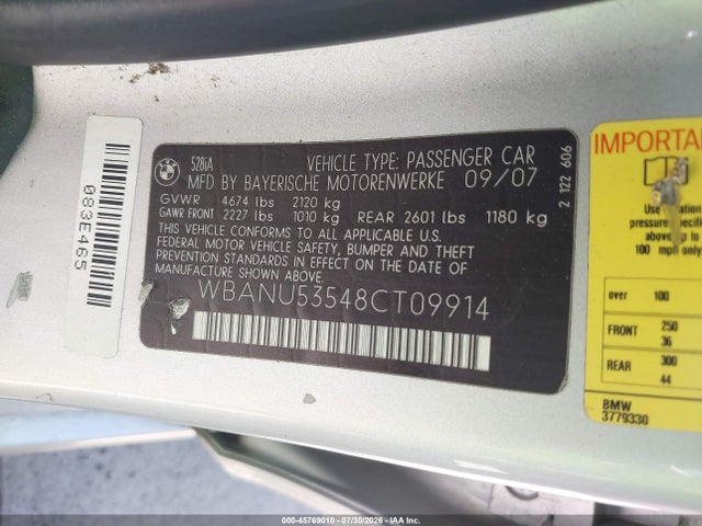 45769010 :رقم المزاد ، WBANU53548CT09914 vin ، 2008 Bmw 528i مزاد بيع