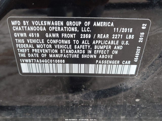 Продажа на аукционе авто 2016 Volkswagen Passat 1.8t Se, vin: 1VWBT7A34GC010666, номер лота: 45769023