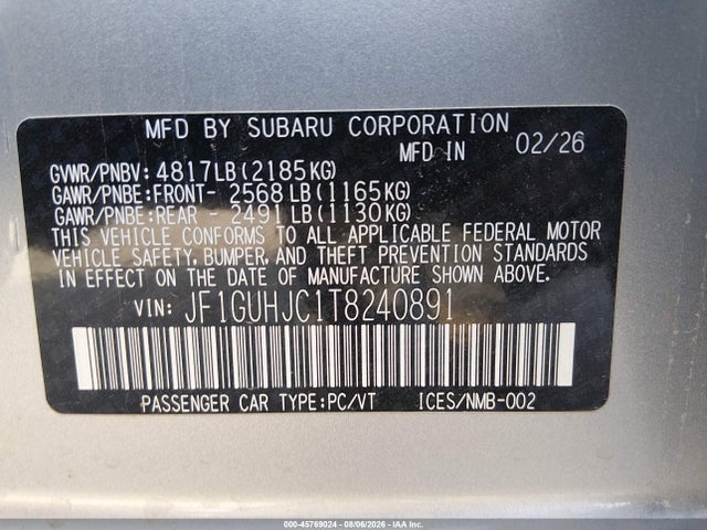 Продаж на аукціоні авто 2026 Subaru Impreza Rs, vin: JF1GUHJC1T8240891, номер лоту: 45769024