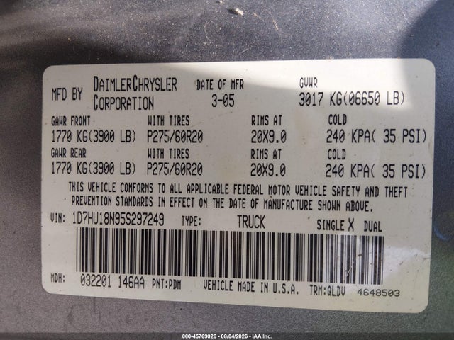 45769026 :رقم المزاد ، 1D7HU18N95S297249 vin ، 2005 Dodge Ram 1500 Slt/laramie مزاد بيع