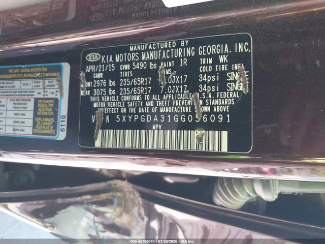 5XYPGDA31GG056091 KIA Sorento 2.4l Lx