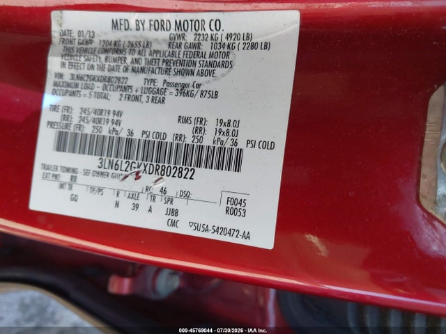 45769044 :رقم المزاد ، 3LN6L2GKXDR802822 vin ، 2013 Lincoln Mkz مزاد بيع