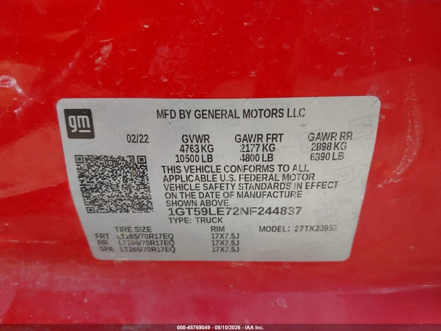 Продаж на аукціоні авто 2022 Gmc Sierra 2500hd 4wd  Long Bed Pro, vin: 1GT59LE72NF244837, номер лоту: 45769049