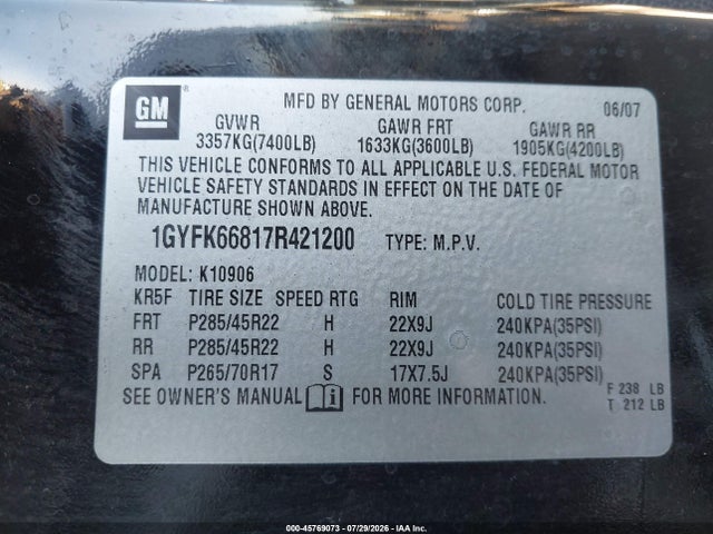 Продаж на аукціоні авто 2007 Cadillac Escalade Esv Standard, vin: 1GYFK66817R421200, номер лоту: 45769073