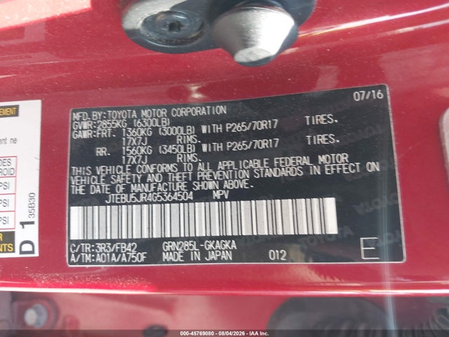 JTEBU5JR4G5364504 Toyota 4RUNNER SR5