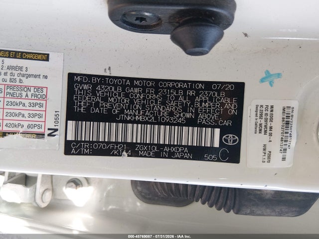 2020 Toyota C-hr Le მანქანა იყიდება აუქციონზე, vin: JTNKHMBX2L1093245, აუქციონის ნომერი: 45769087