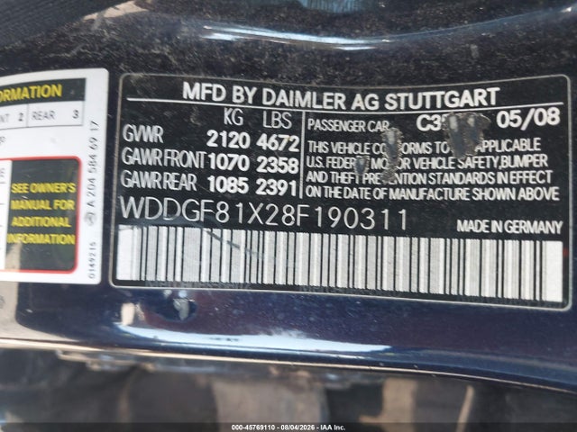 Продажа на аукционе авто 2008 Mercedes-benz C 300 Luxury 4matic/sport 4matic, vin: WDDGF81X28F190311, номер лота: 45769110