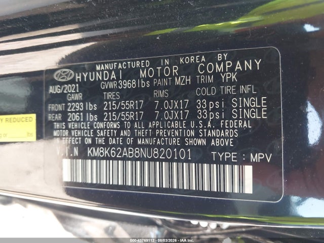 Продаж на аукціоні авто 2022 Hyundai Kona Sel, vin: KM8K62AB8NU820101, номер лоту: 45769112