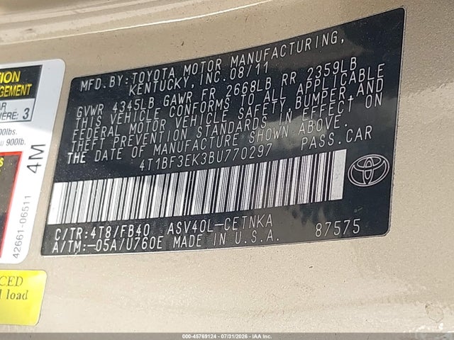 45769124 :رقم المزاد ، 4T1BF3EK3BU770297 vin ، 2011 Toyota Camry Le مزاد بيع