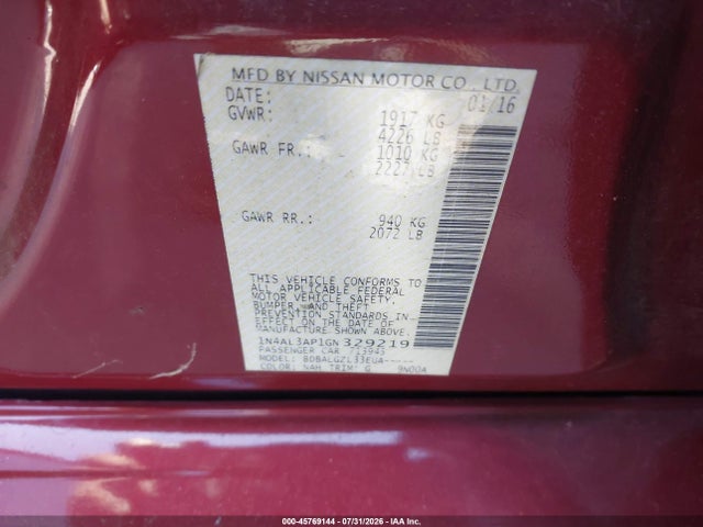 2016 Nissan Altima 2.5/2.5 S/2.5 Sl/2.5 Sr/2.5 Sv მანქანა იყიდება აუქციონზე, vin: 1N4AL3AP1GN329219, აუქციონის ნომერი: 45769144