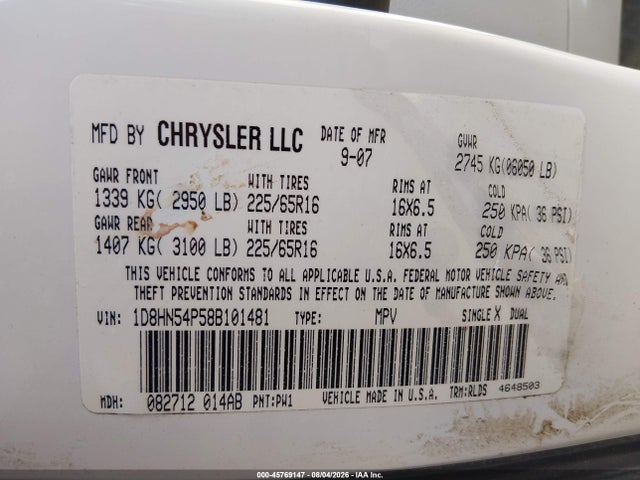 Продажа на аукционе авто 2008 Dodge Grand Caravan Sxt, vin: 1D8HN54P58B101481, номер лота: 45769147