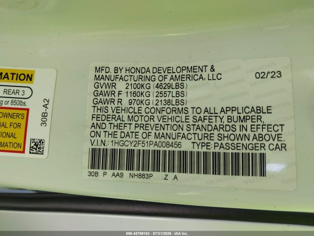 2023 Honda Accord Hybrid Sport მანქანა იყიდება აუქციონზე, vin: 1HGCY2F51PA008456, აუქციონის ნომერი: 45769163