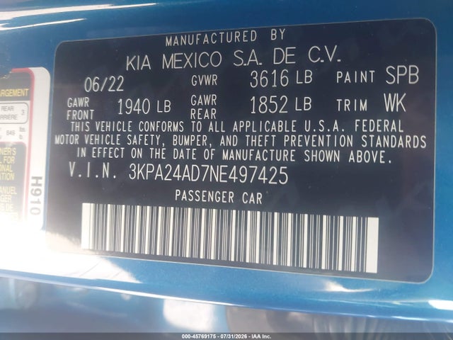 45769175 :رقم المزاد ، 3KPA24AD7NE497425 vin ، 2022 Kia Rio S مزاد بيع