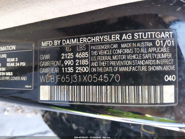 Aukcja sprzedaży 2001 Mercedes-benz E 320, vin: WDBJF65J31X054570, numer aukcji: 45769187