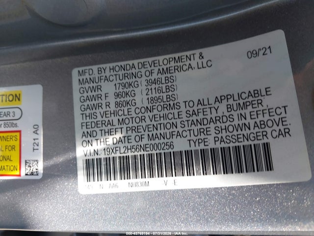 Honda Civic Lx 2022 19XFL2H56NE000256 Image 9
