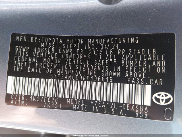 5YFS4MCE9RP196616 Toyota COROLLA SE