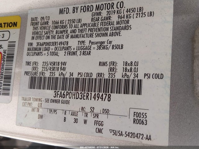 45769200 :رقم المزاد ، 3FA6P0HD3ER149478 vin ، 2014 Ford Fusion Se مزاد بيع