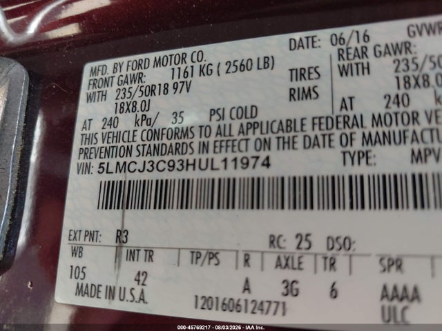 45769217 :رقم المزاد ، 5LMCJ3C93HUL11974 vin ، 2017 Lincoln Mkc Reserve مزاد بيع