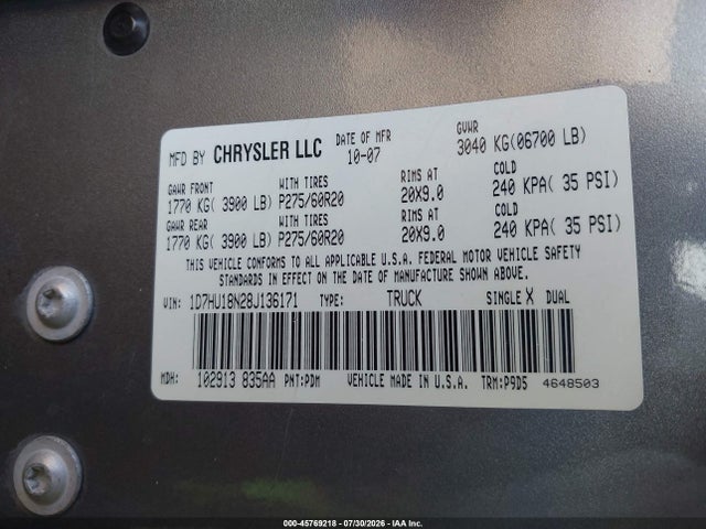 Продаж на аукціоні авто 2008 Dodge Ram 1500 Slt, vin: 1D7HU18N28J136171, номер лоту: 45769218