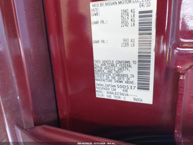 2010 Nissan Altima 2.5 S მანქანა იყიდება აუქციონზე, vin: 1N4AL2AP3AN500537, აუქციონის ნომერი: 45769220