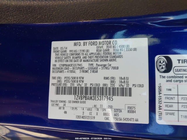 45769226 :رقم المزاد ، 1ZVBP8AM3E5317945 vin ، 2014 Ford Mustang V6 Premium مزاد بيع