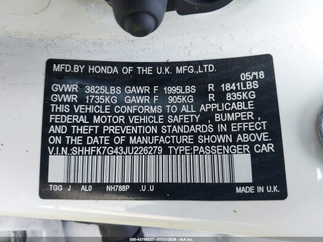 SHHFK7G43JU226279 Honda Civic Sport
