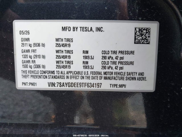 Aukcja sprzedaży 2026 Tesla Model Y All-wheel Drive/long Range Launch Series/premium All-wheel Drive, vin: 7SAYGDEE9TF634197, numer aukcji: 45769230