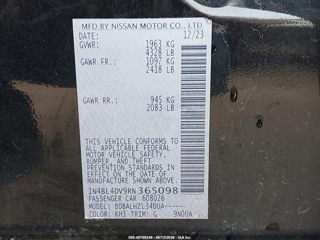 1N4BL4DV9RN365098 Nissan Altima Sv Fwd